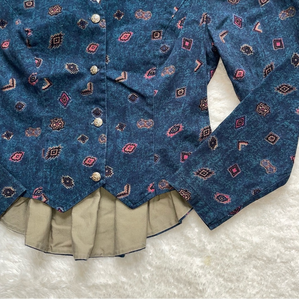 Banjo 90’s crop denim corduroy button up western print puff sleeve blouse - Picture 2 of 8